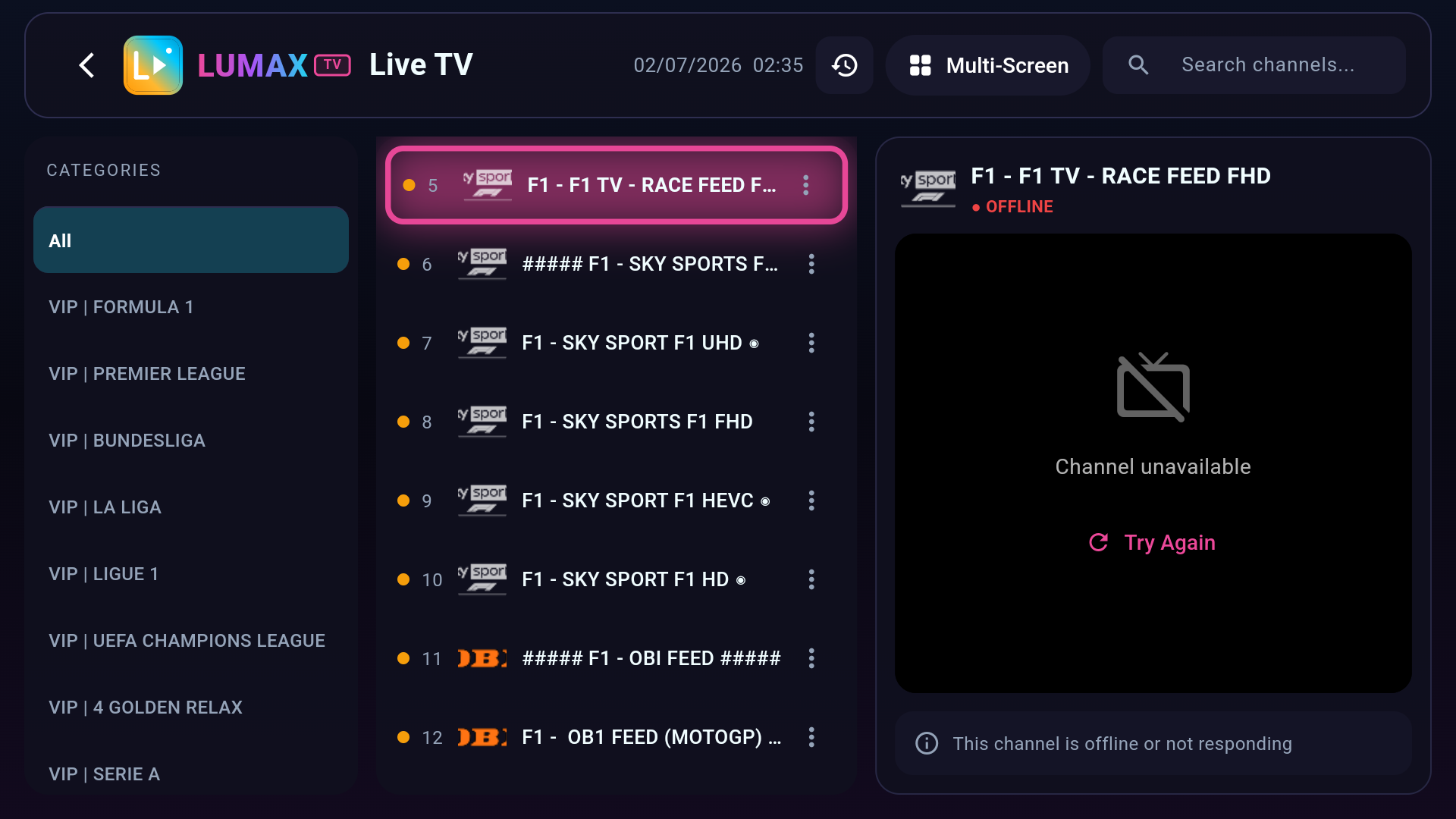 Live TV screen