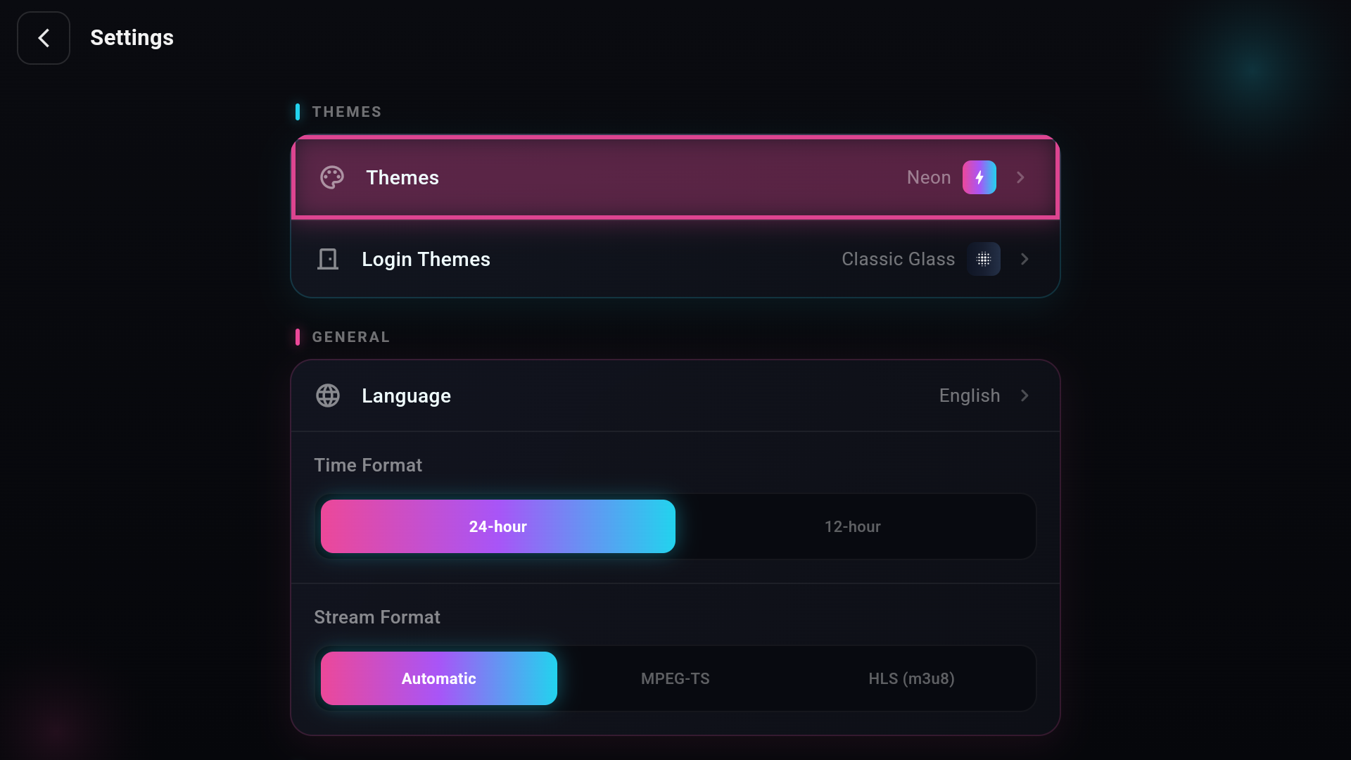 Settings screen