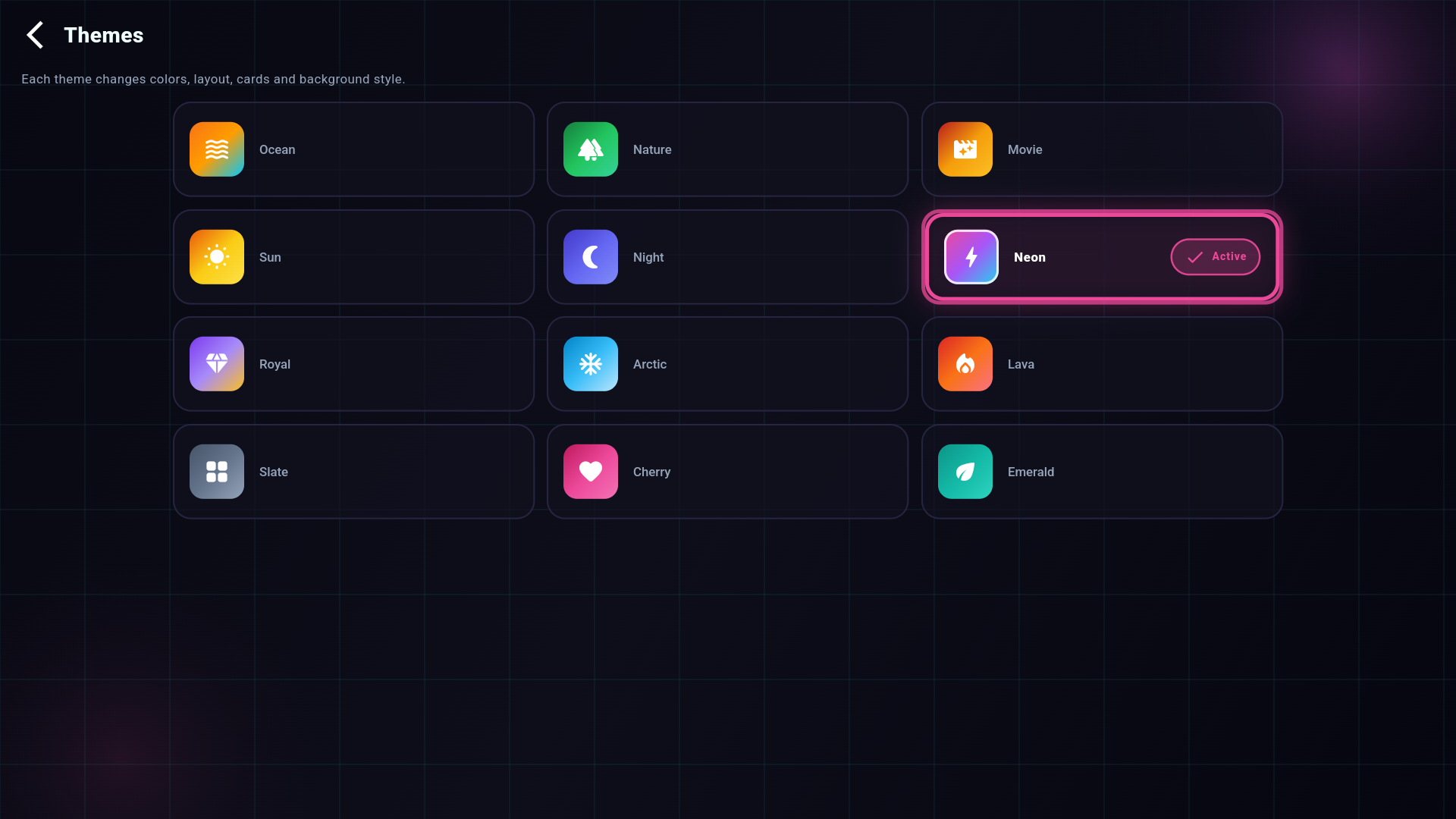 Themes screen